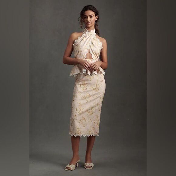 NWT V. Chapman Daisy Twisted-Halter Midi Dress Marigold Bouquet - Picture 1 of 3